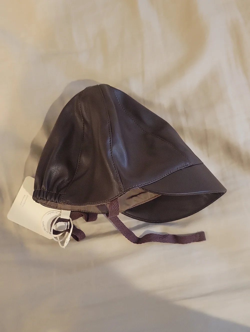 Kids Dark Brown Faux Leather Cap with Chin Ties, Size 18M